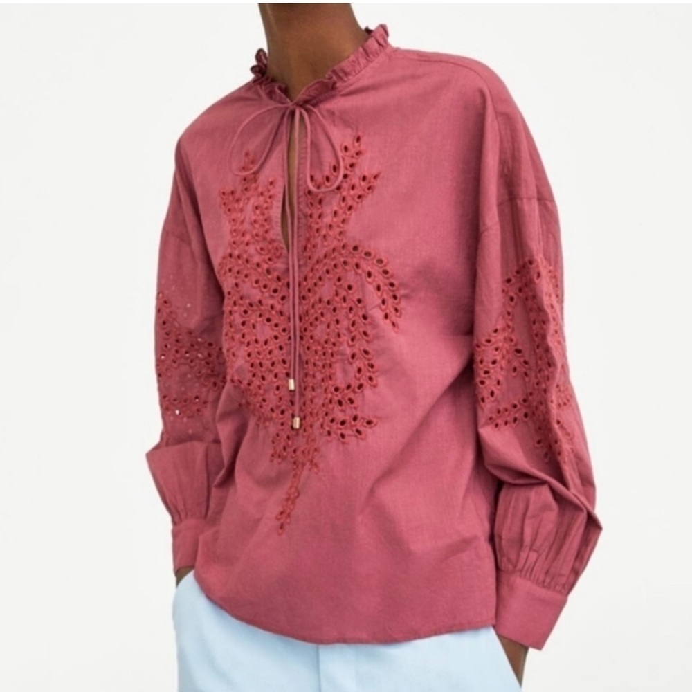 Zara Woman Eyelet Tassel Blouse Top  XS Peasant Boho Ruffle Neck NEW 667